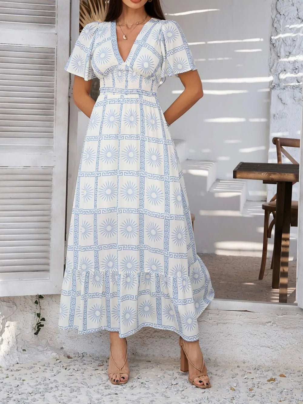 Devine Smocked Printed V-Neck Short Sleeve Maxi Dress - Lookzlike