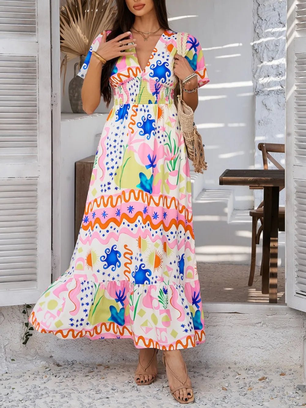 Devine Smocked Printed V-Neck Short Sleeve Maxi Dress - Lookzlike