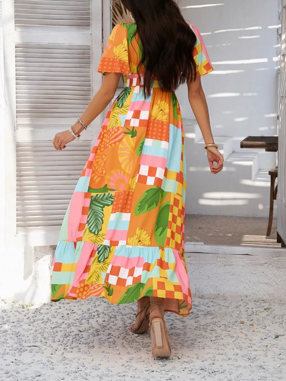 Devine Smocked Printed V-Neck Short Sleeve Maxi Dress - Lookzlike