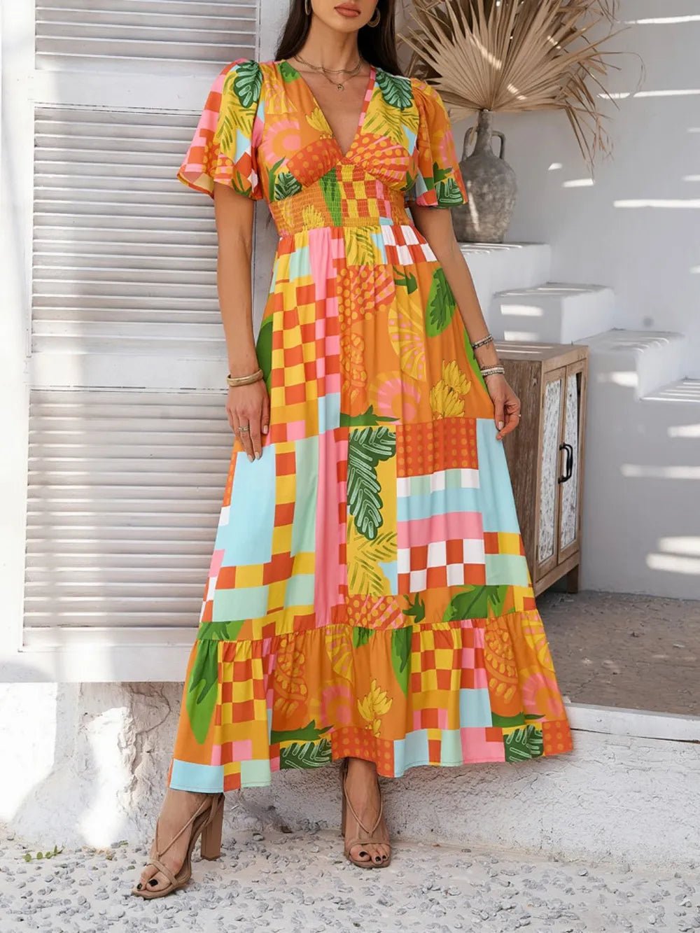 Devine Smocked Printed V-Neck Short Sleeve Maxi Dress - Lookzlike