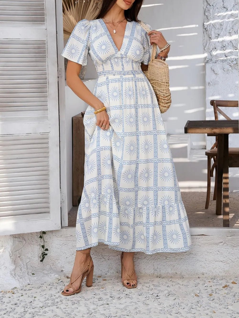 Devine Smocked Printed V-Neck Short Sleeve Maxi Dress - Lookzlike