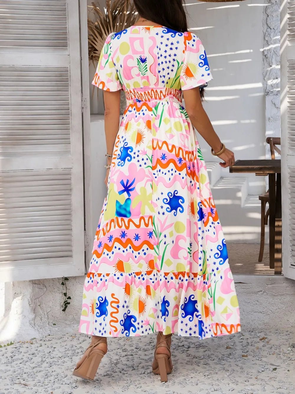 Devine Smocked Printed V-Neck Short Sleeve Maxi Dress - Lookzlike