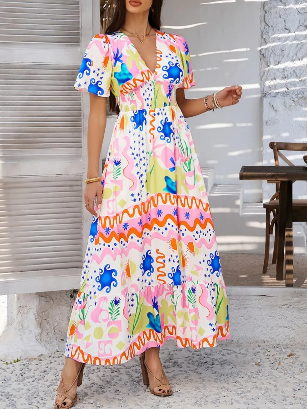 Devine Smocked Printed V-Neck Short Sleeve Maxi Dress - Lookzlike
