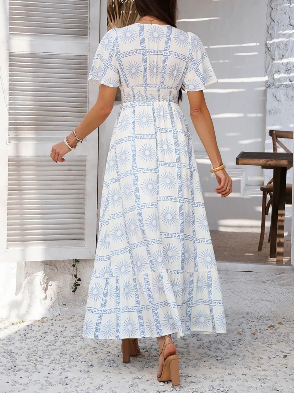 Devine Smocked Printed V-Neck Short Sleeve Maxi Dress - Lookzlike