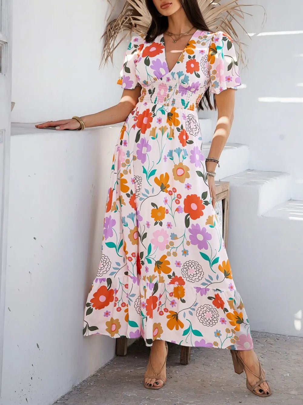 Devine Smocked Printed V-Neck Short Sleeve Maxi Dress - Lookzlike