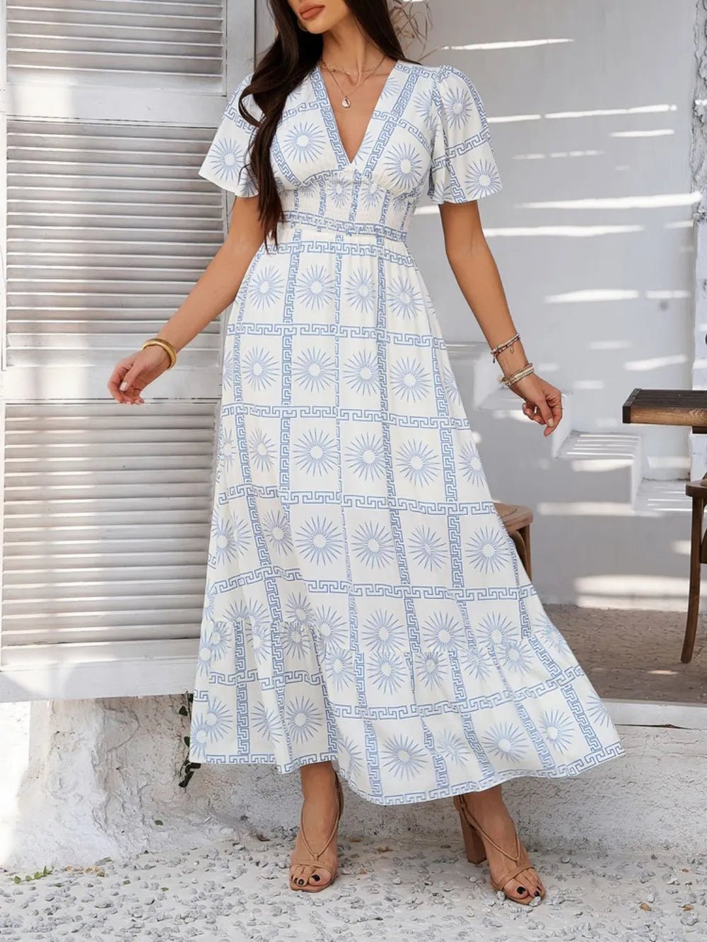 Devine Smocked Printed V-Neck Short Sleeve Maxi Dress - Lookzlike