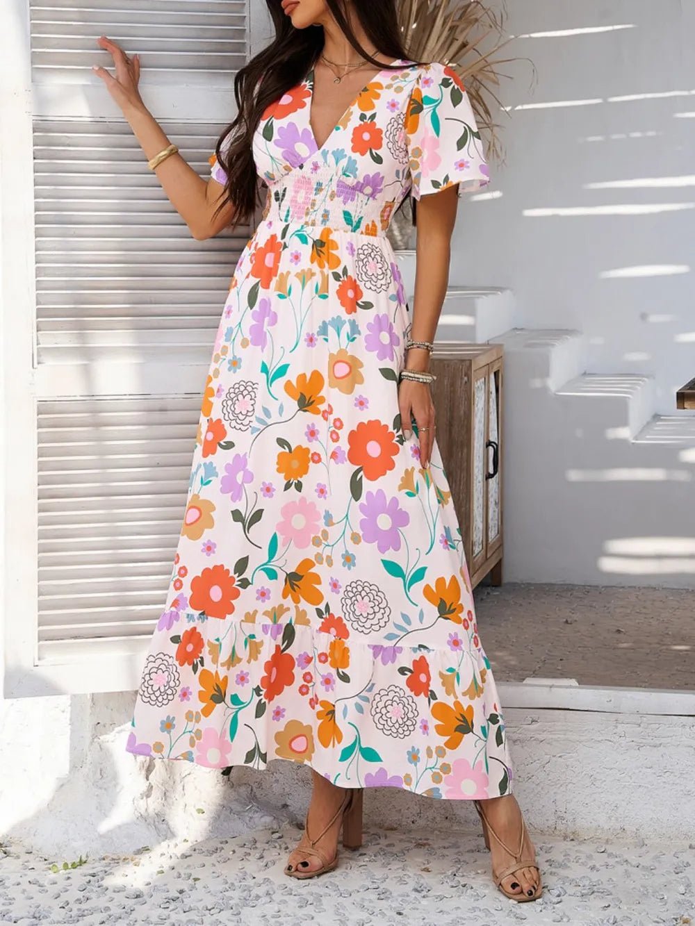 Devine Smocked Printed V-Neck Short Sleeve Maxi Dress - Lookzlike