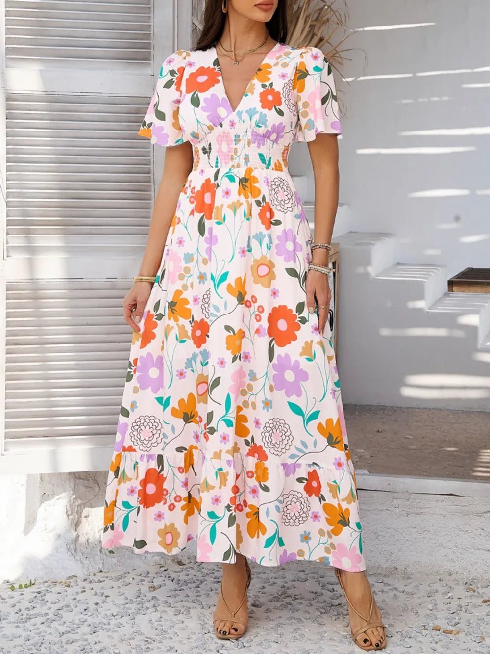 Devine Smocked Printed V-Neck Short Sleeve Maxi Dress - Lookzlike