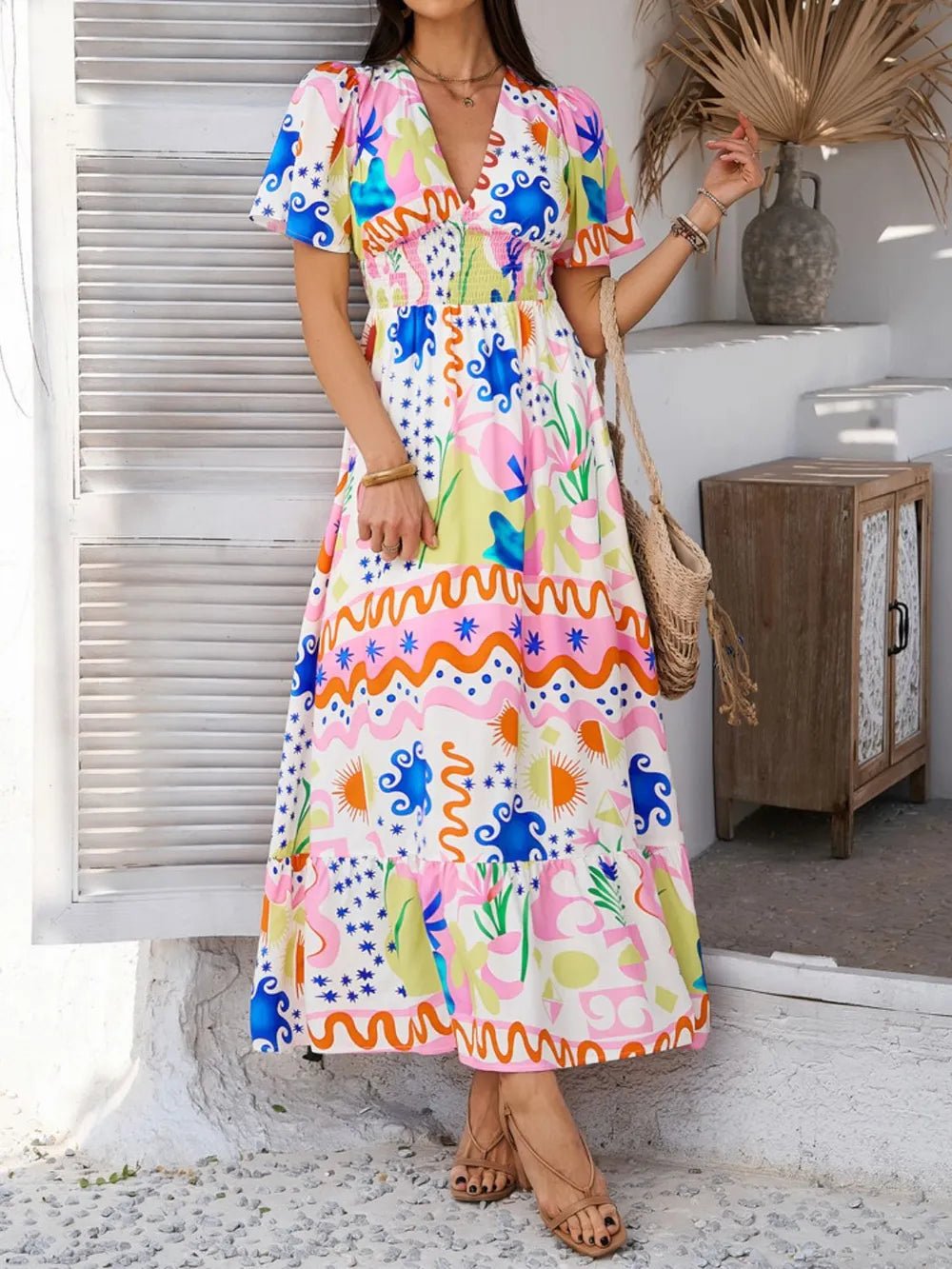Devine Smocked Printed V-Neck Short Sleeve Maxi Dress - Lookzlike