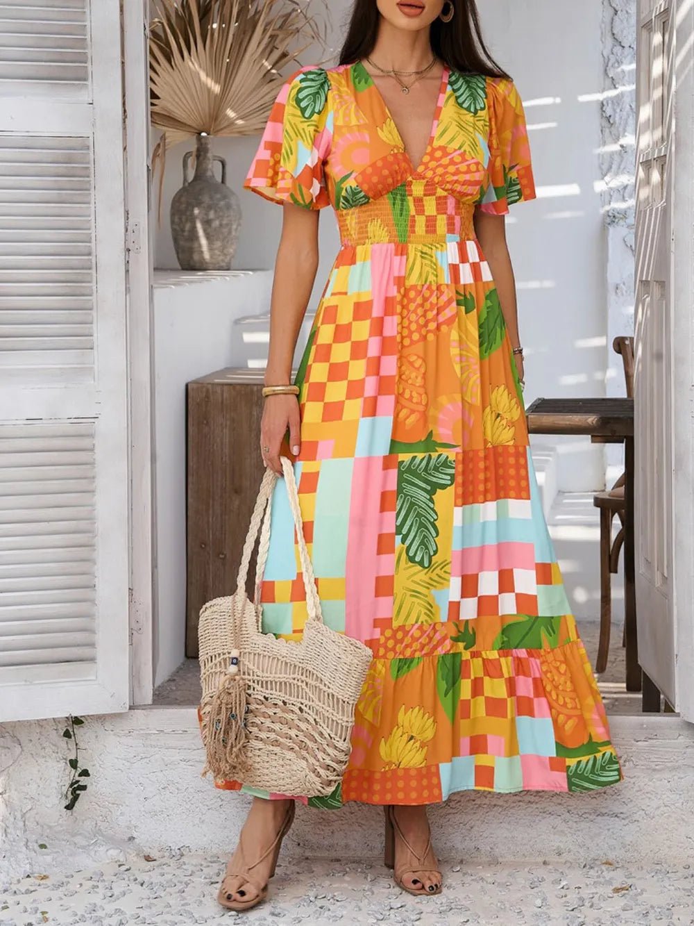 Devine Smocked Printed V-Neck Short Sleeve Maxi Dress - Lookzlike