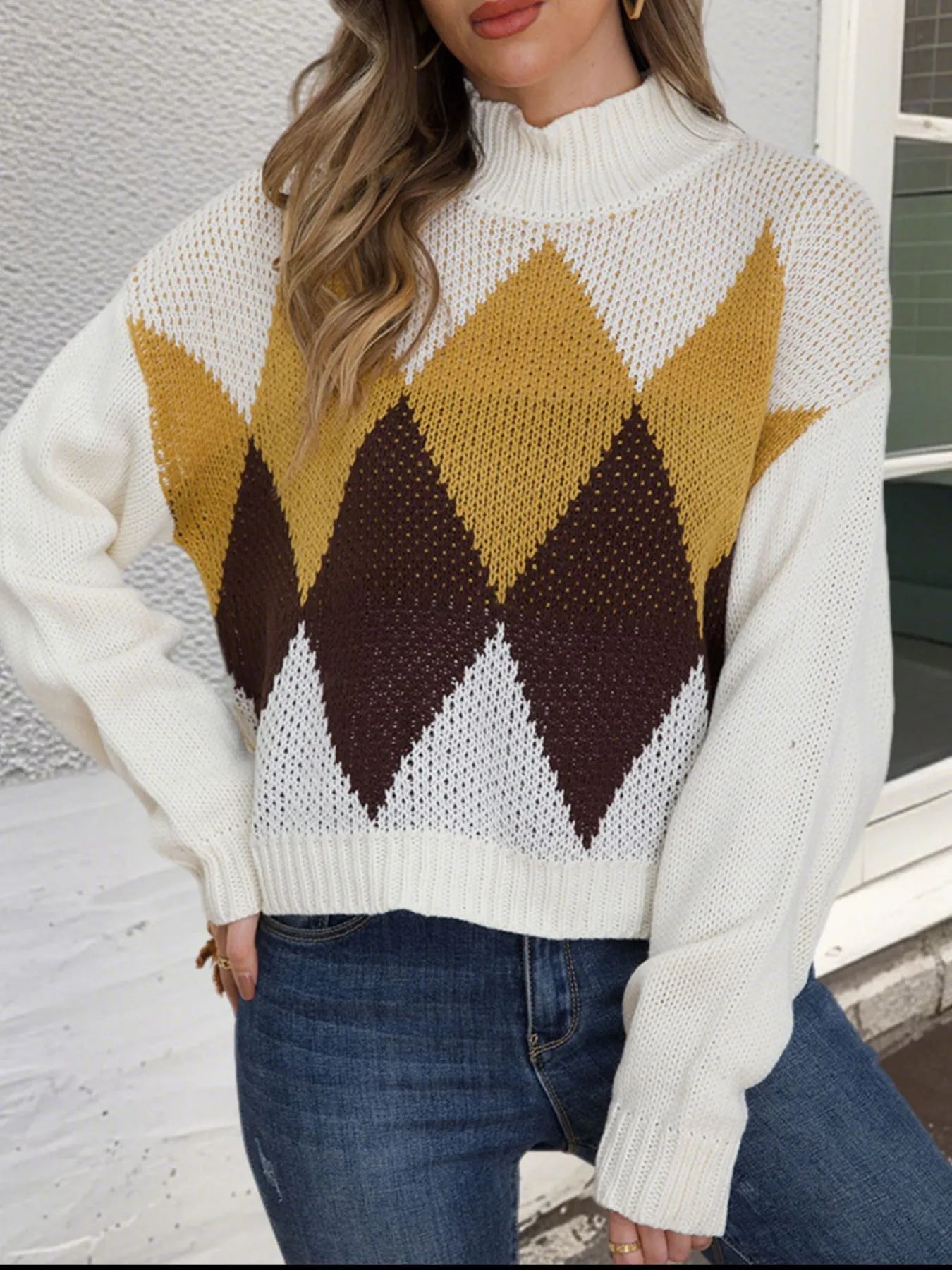 Diamond Pattern Turtleneck Sweater designed for comfort and style at Lookzlike