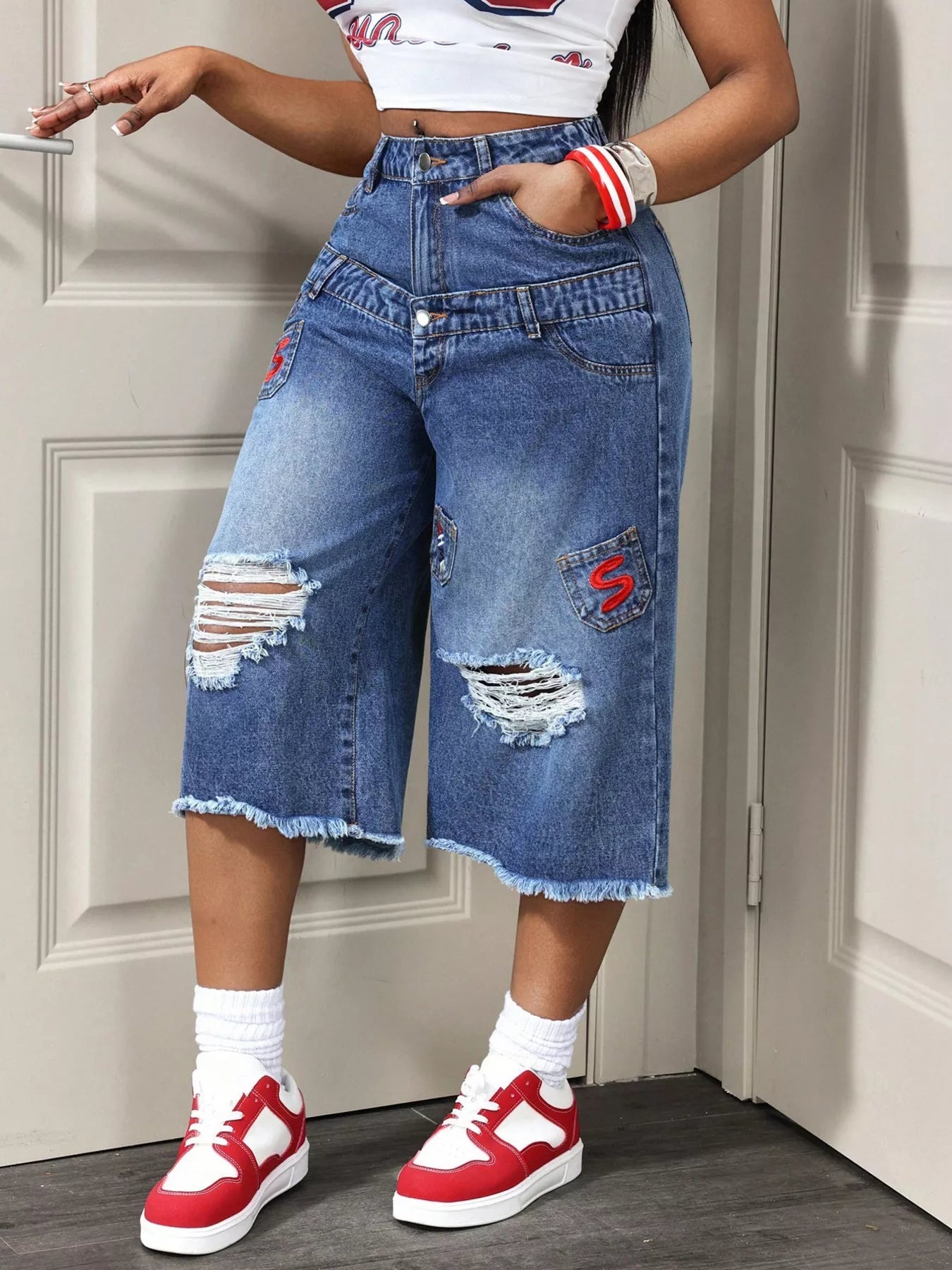 Distressed Wide-Leg Denim Capris designed for comfort and style at Lookzlike