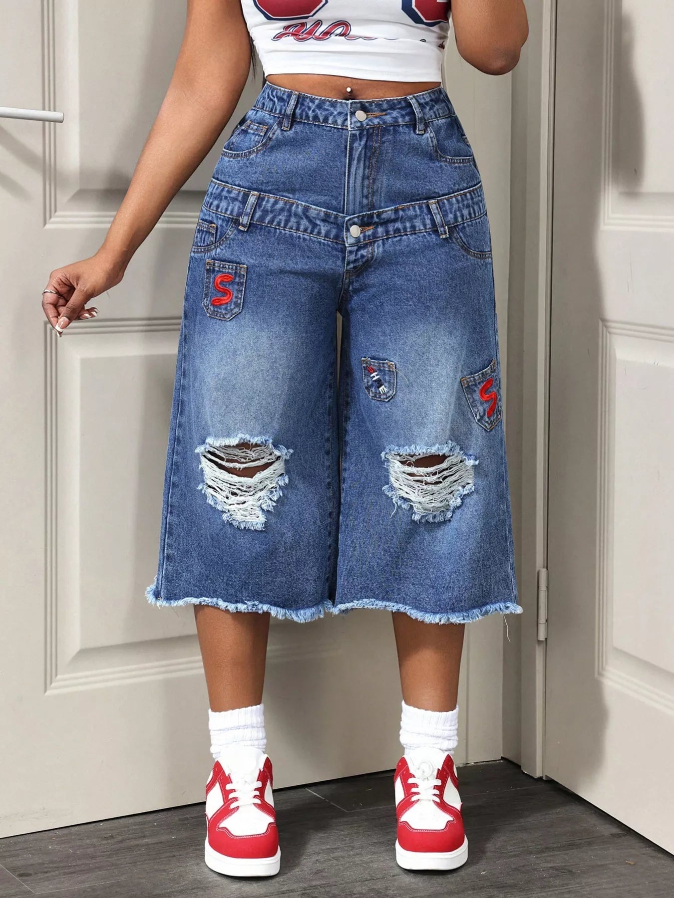 Distressed Wide-Leg Denim Capris designed for comfort and style at Lookzlike