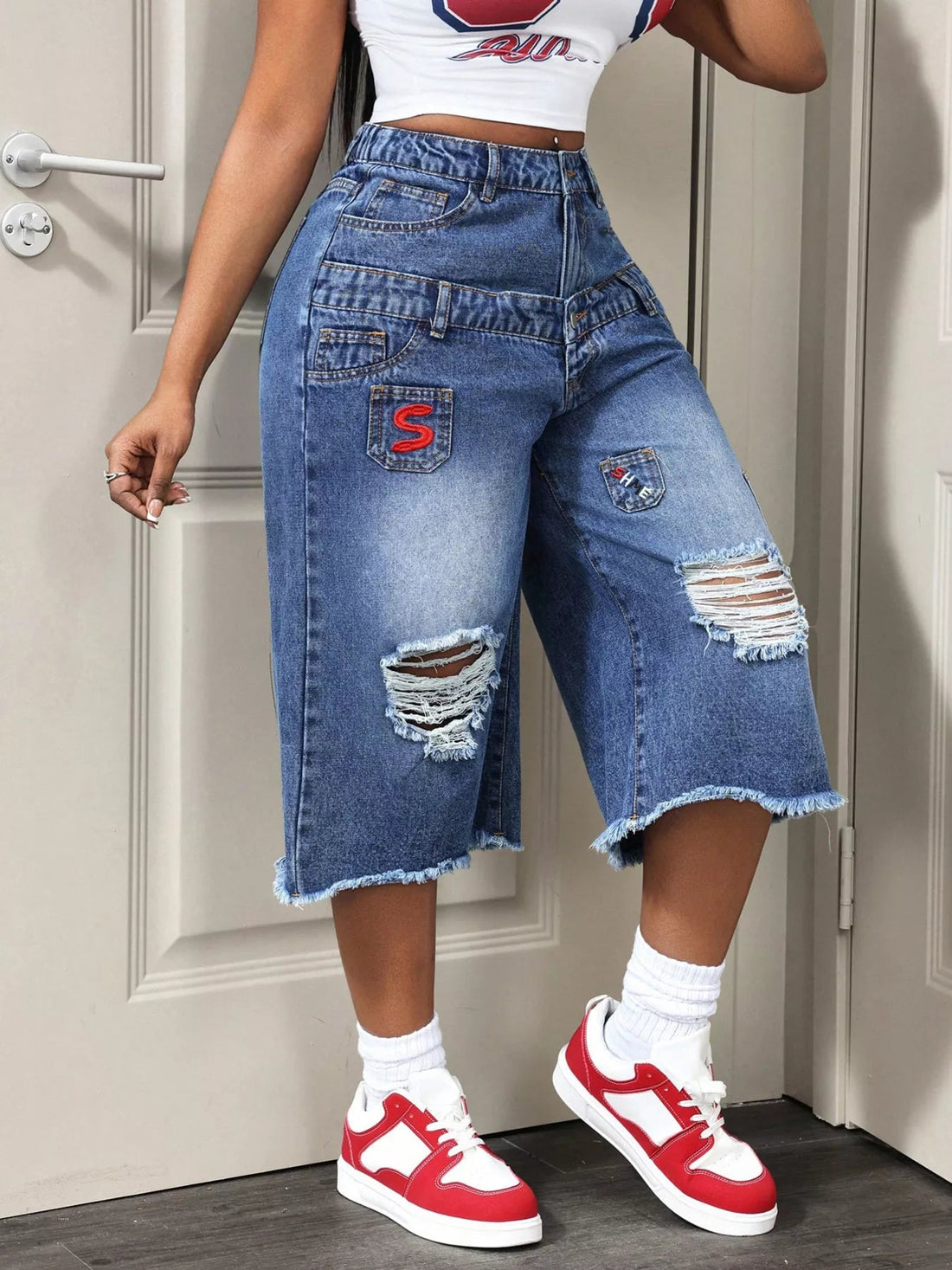 Distressed Wide-Leg Denim Capris designed for comfort and style at Lookzlike