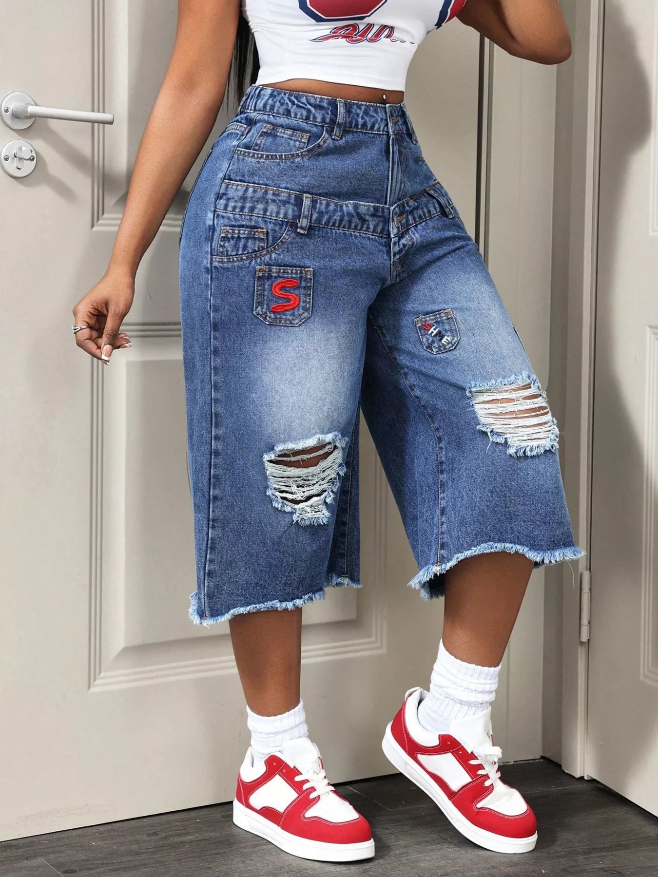 Distressed Wide-Leg Denim Capris designed for comfort and style at Lookzlike