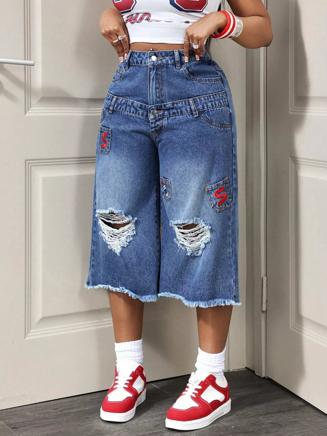 Distressed Wide-Leg Denim Capris designed for comfort and style at Lookzlike