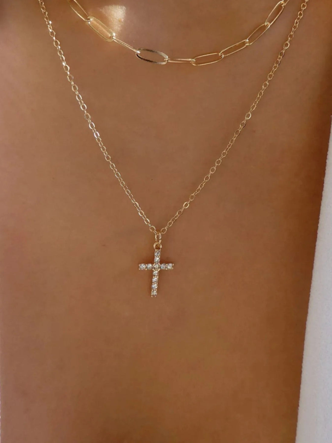 Double Layered Inlaid Zircon Cross Pendant Necklace - Lookzlike