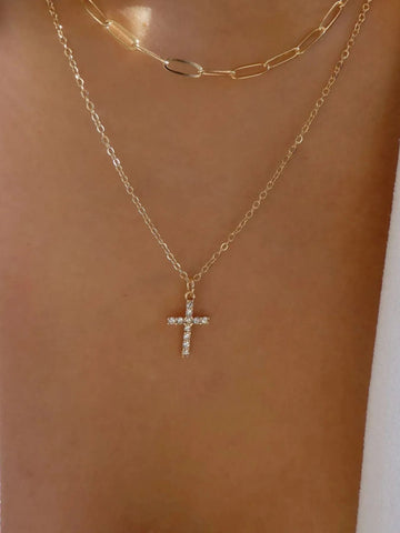 Double Layered Inlaid Zircon Cross Pendant Necklace - Lookzlike