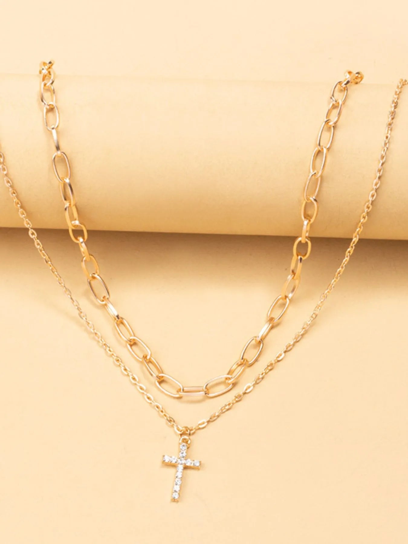 Double Layered Inlaid Zircon Cross Pendant Necklace - Lookzlike
