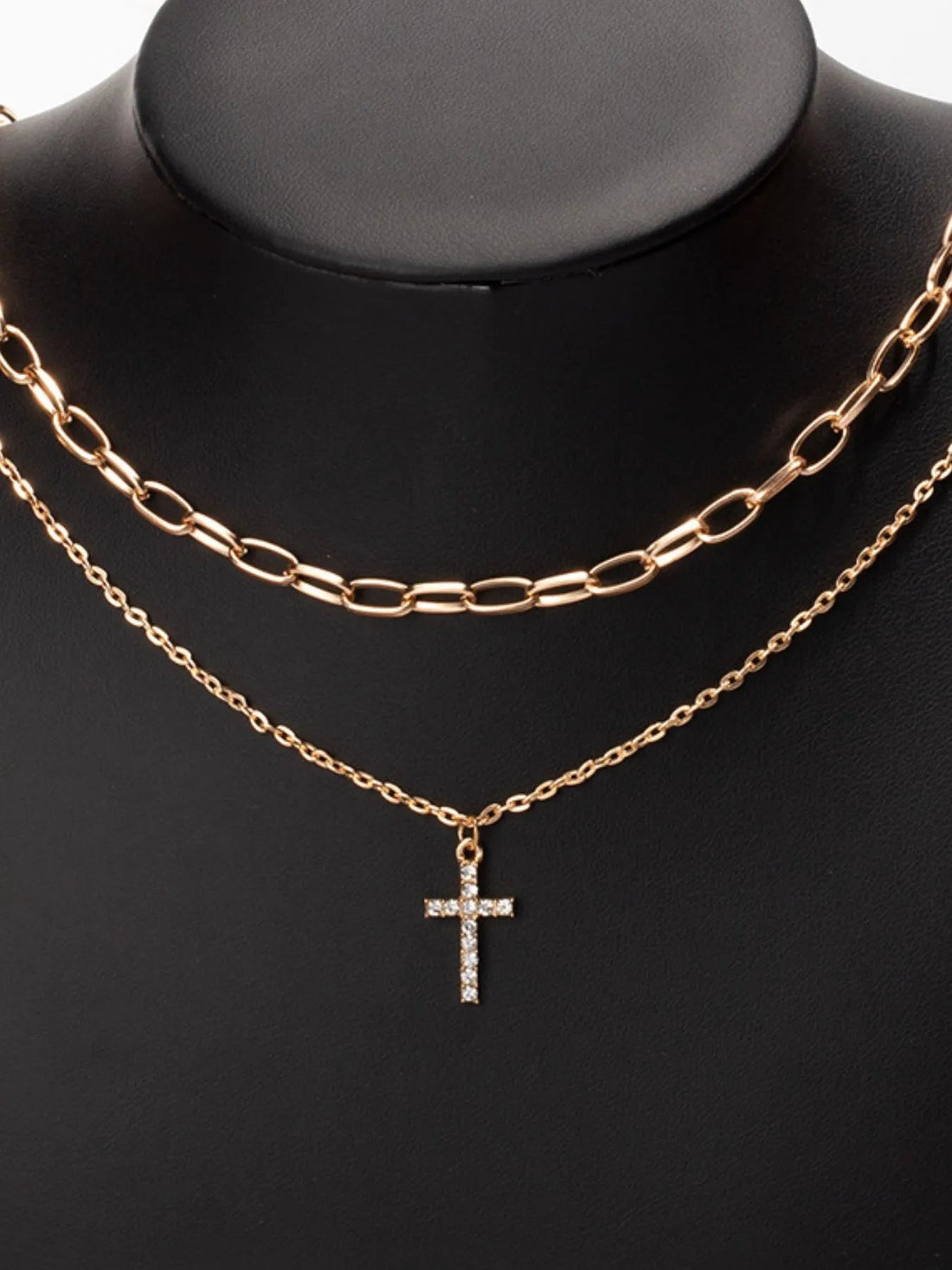 Double Layered Inlaid Zircon Cross Pendant Necklace - Lookzlike