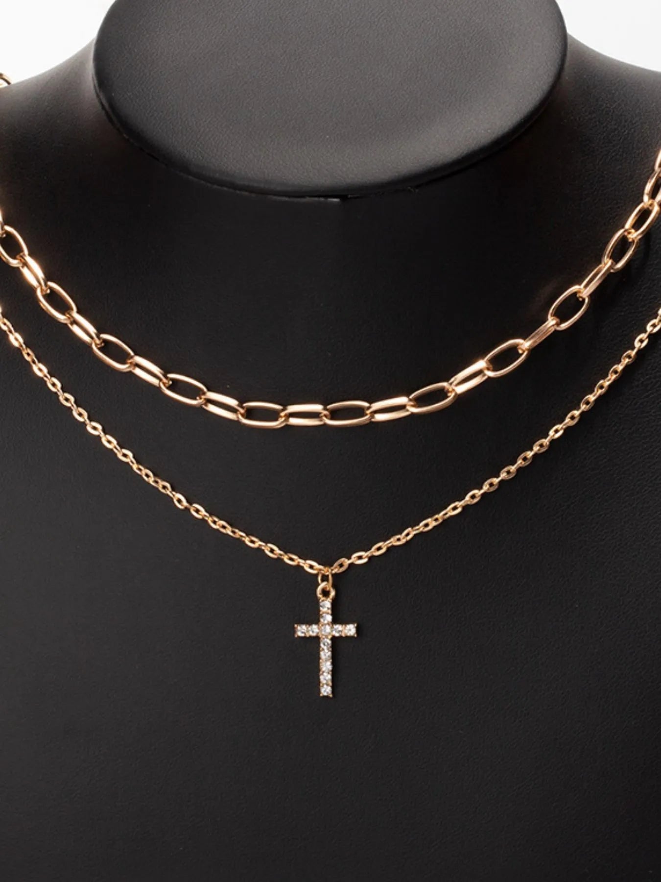 Double Layered Inlaid Zircon Cross Pendant Necklace - Lookzlike