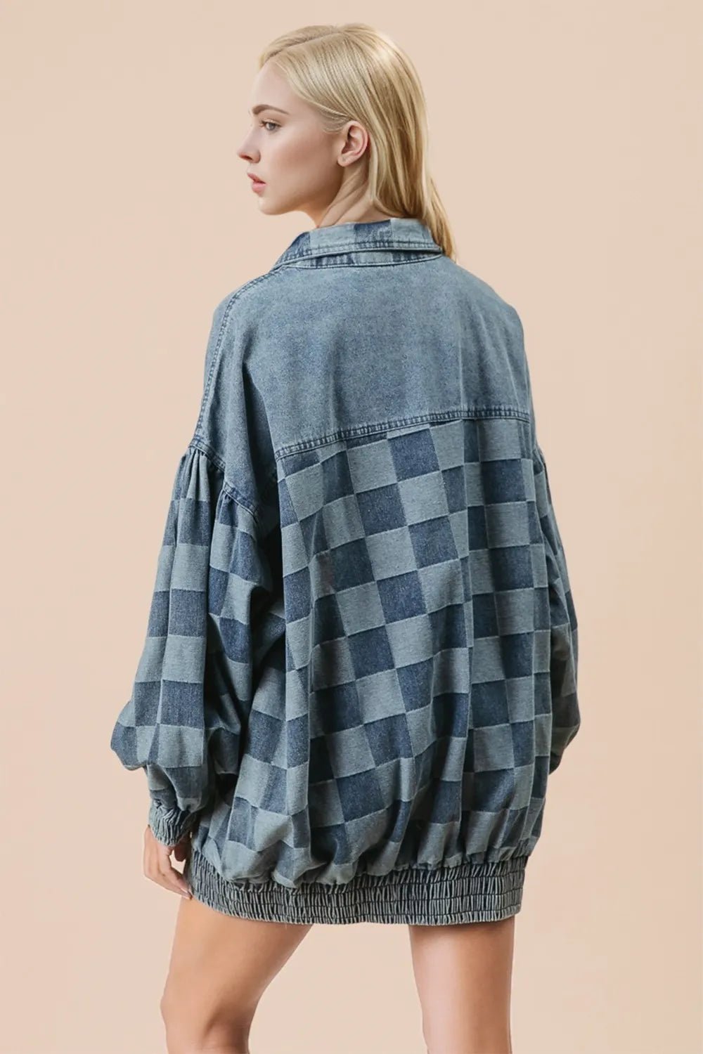 Double Take Checkered Button Up Denim Jacket designed for comfort and style at Lookzlike