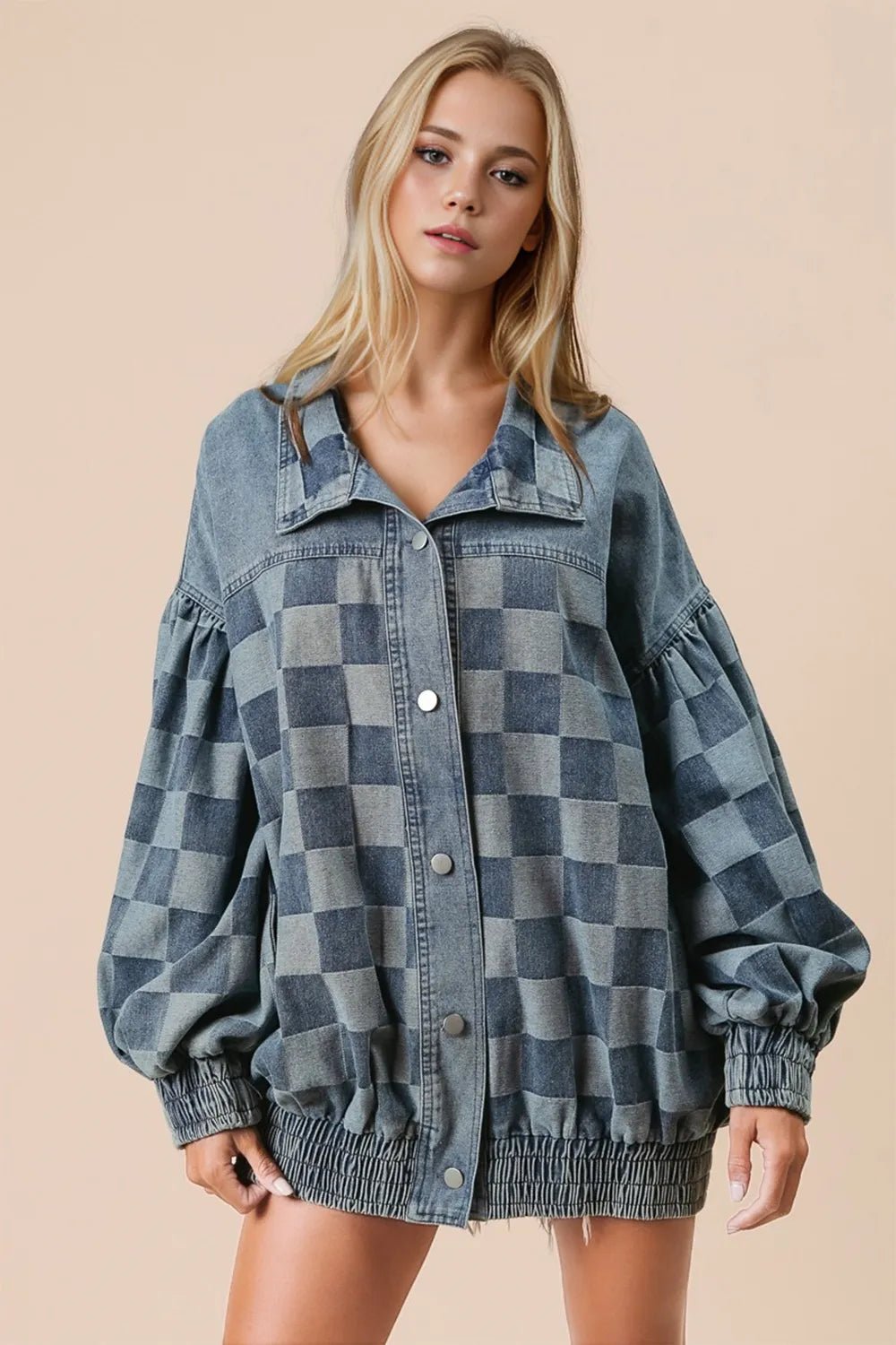 Double Take Checkered Button Up Denim Jacket designed for comfort and style at Lookzlike