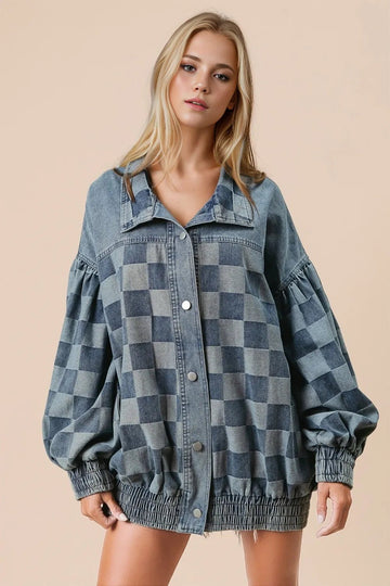 Double Take Checkered Button Up Denim Jacket designed for comfort and style at Lookzlike