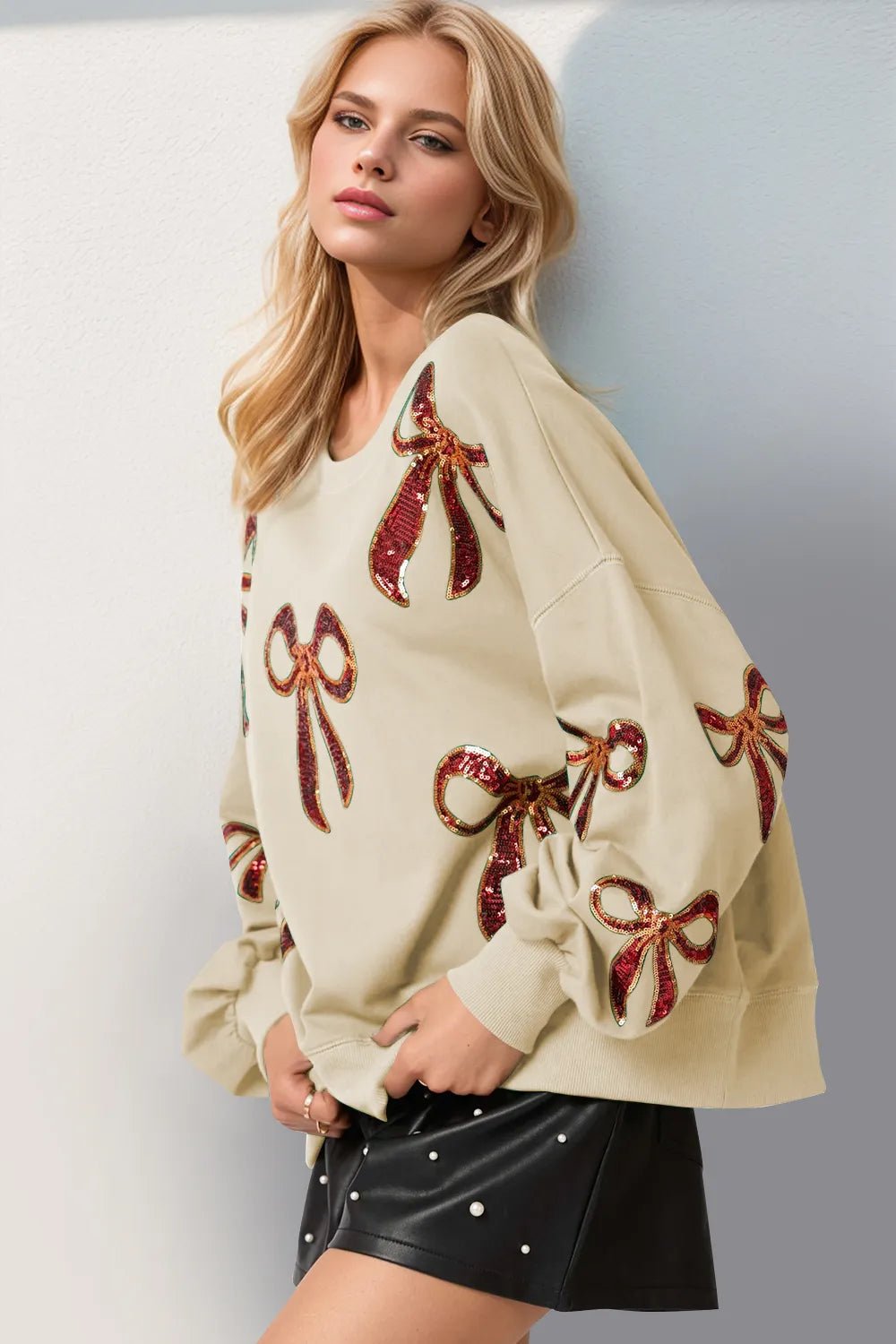 Double Take Christmas Bow Sequin Round Neck Dropped Shoulder Sweatshirt - Lookzlike