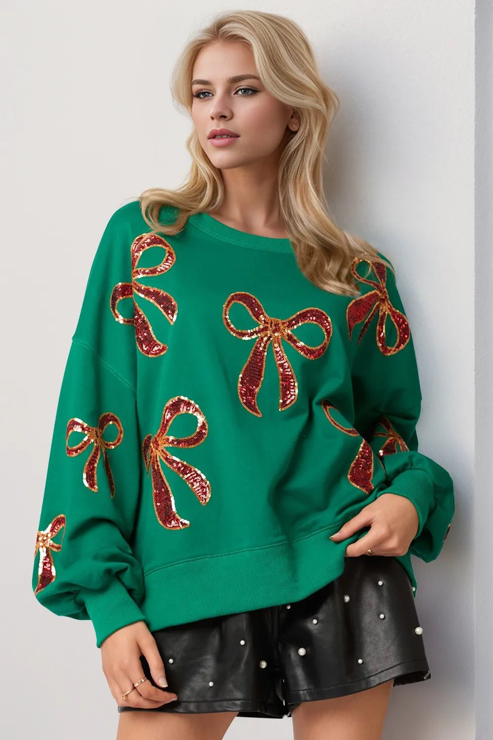 Double Take Christmas Bow Sequin Round Neck Dropped Shoulder Sweatshirt - Lookzlike