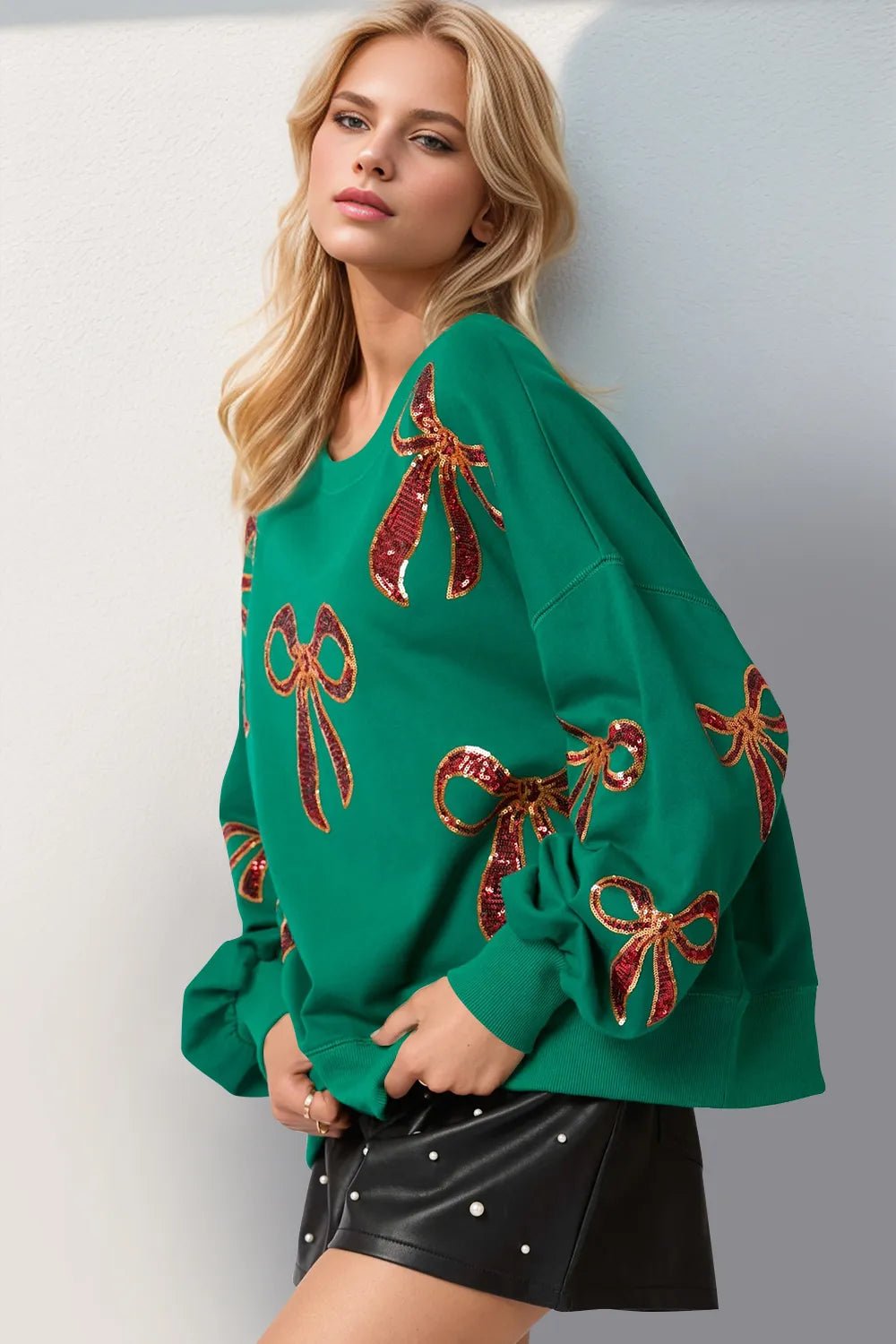 Double Take Christmas Bow Sequin Round Neck Dropped Shoulder Sweatshirt - Lookzlike