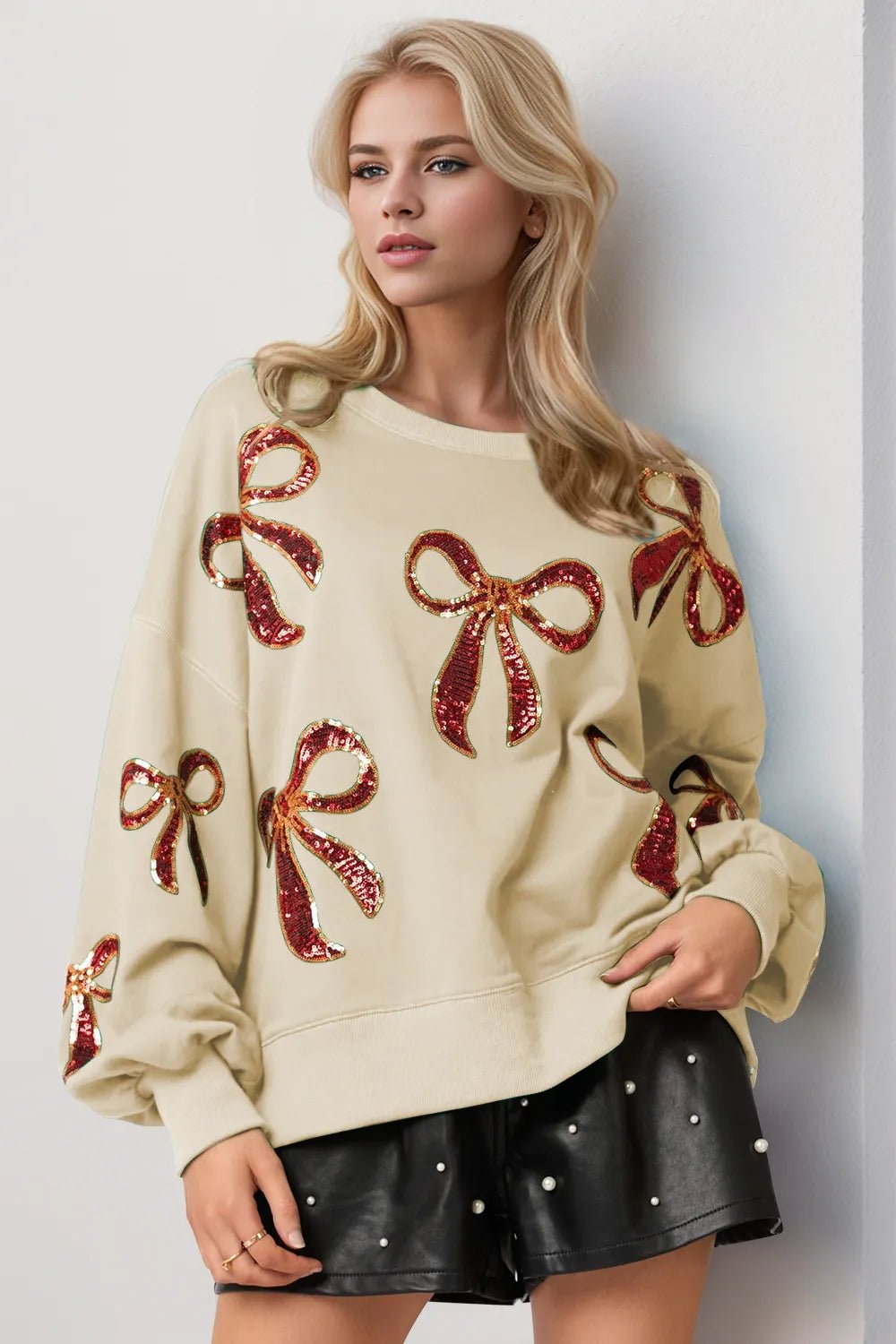 Double Take Christmas Bow Sequin Round Neck Dropped Shoulder Sweatshirt - Lookzlike