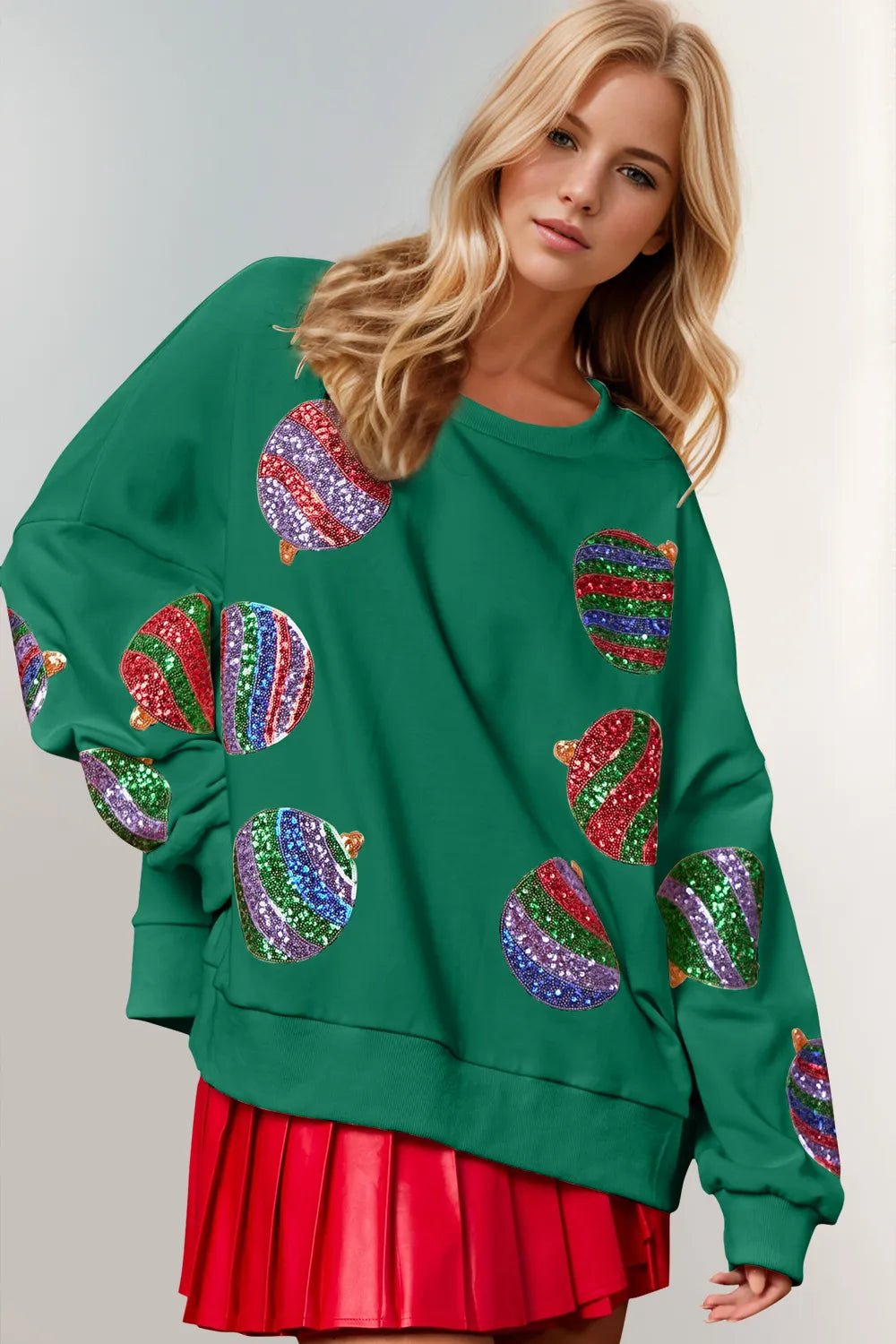 Double Take Christmas Element Sequin Round Neck Long Sleeve Sweatshirt designed for comfort and style at Lookzlike