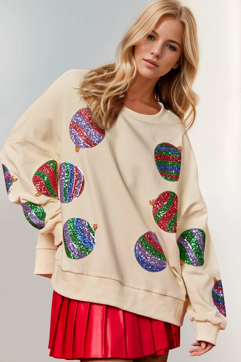 Double Take Christmas Element Sequin Round Neck Long Sleeve Sweatshirt designed for comfort and style at Lookzlike