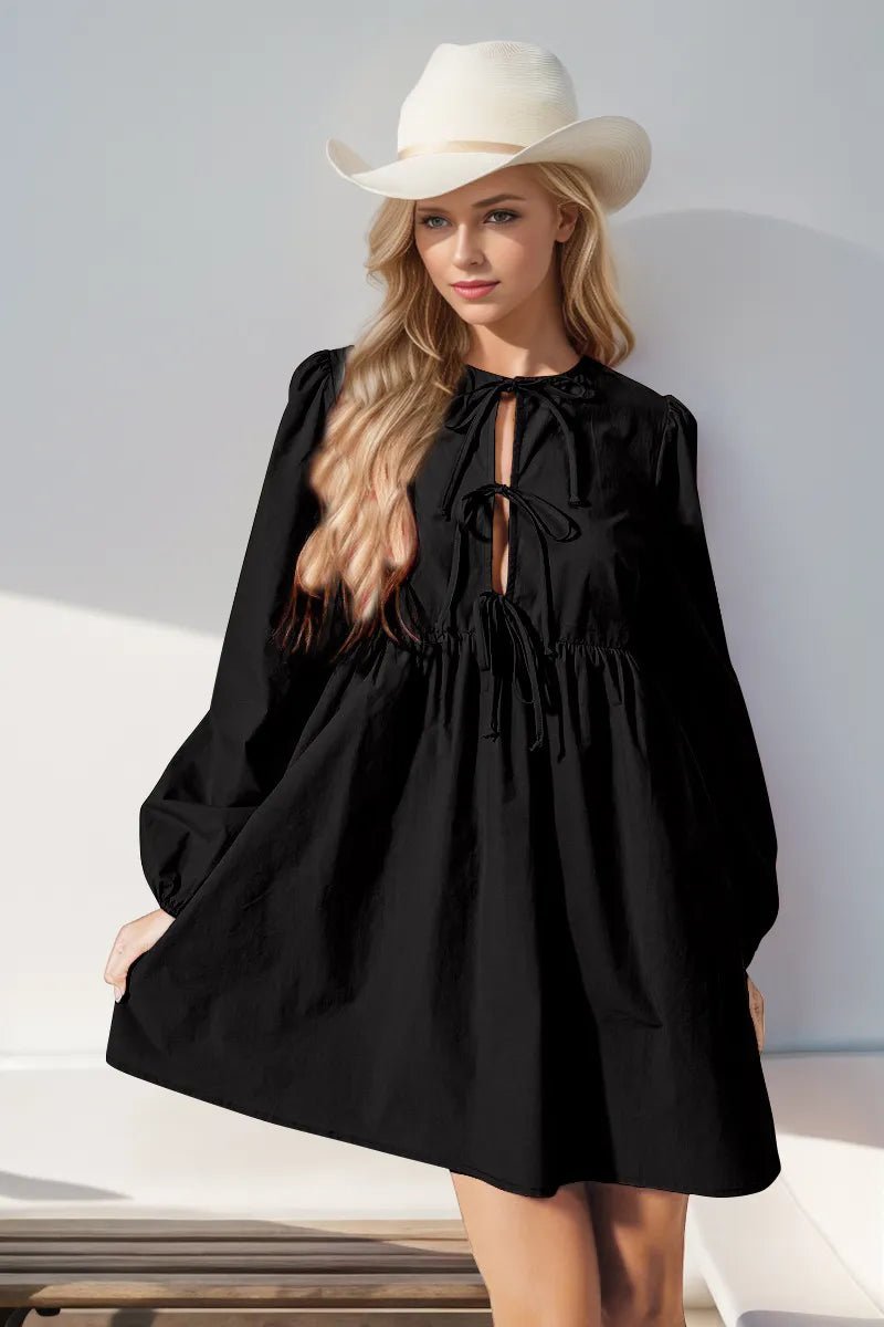 Double Take Christmas Front Tied Long Sleeve Mini Dress designed for comfort and style at Lookzlike