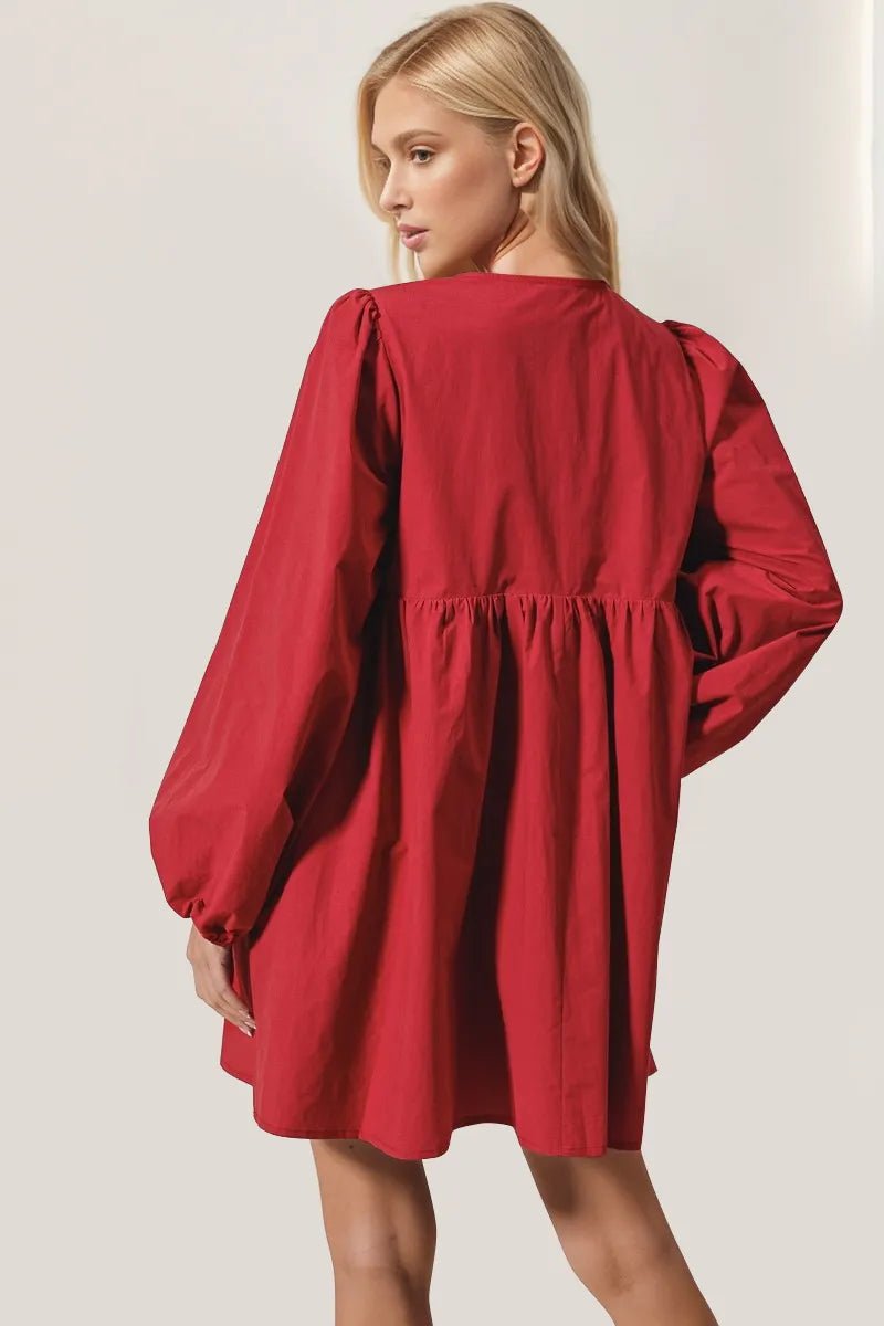 Double Take Christmas Front Tied Long Sleeve Mini Dress designed for comfort and style at Lookzlike