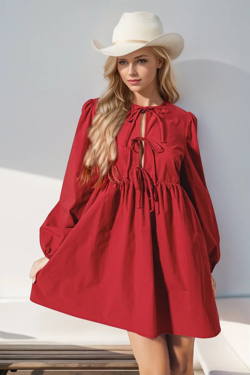 Double Take Christmas Front Tied Long Sleeve Mini Dress designed for comfort and style at Lookzlike
