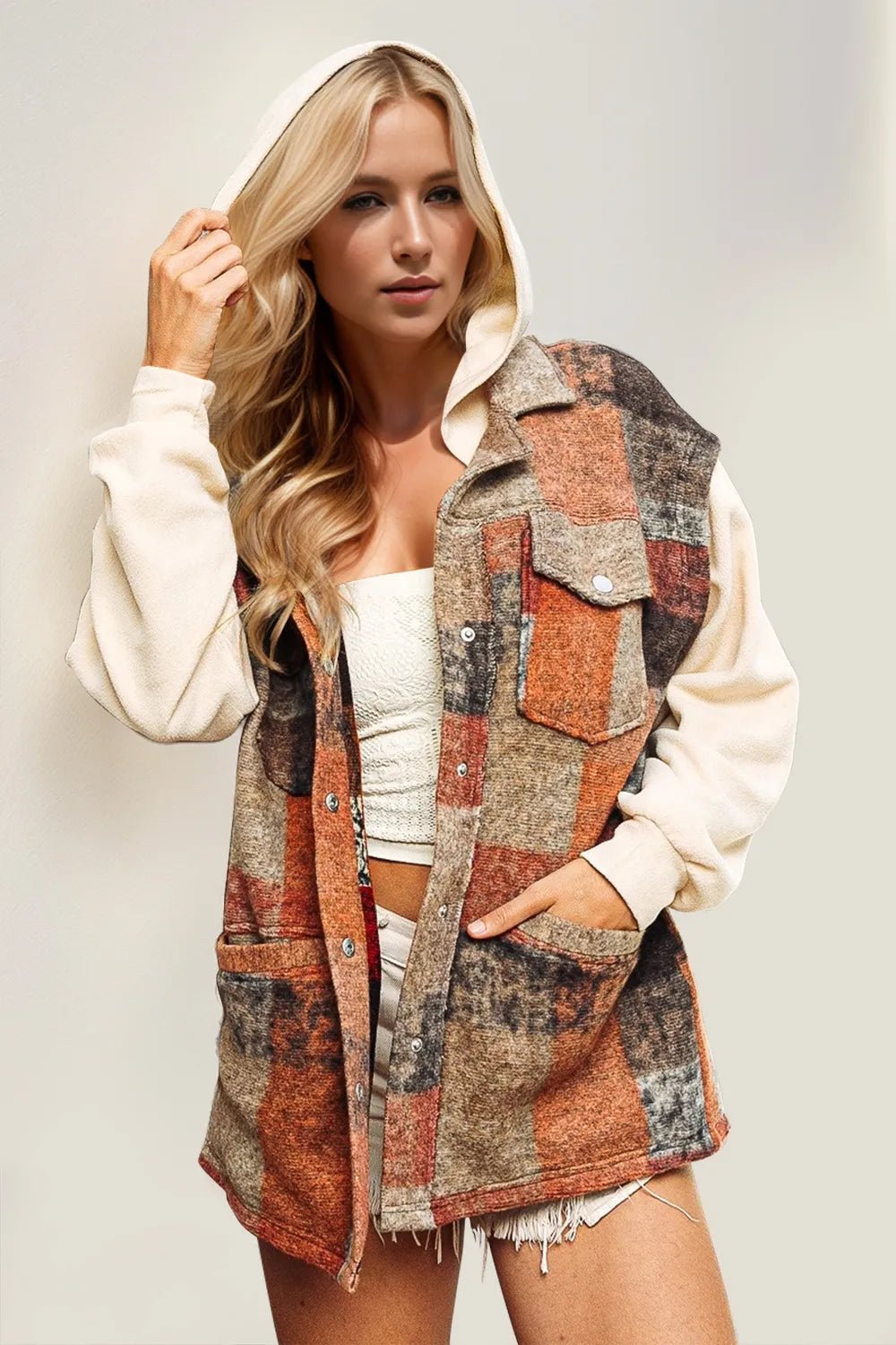 Double Take Contrast Long Sleeve Hooded Plaid Jacket - Lookzlike