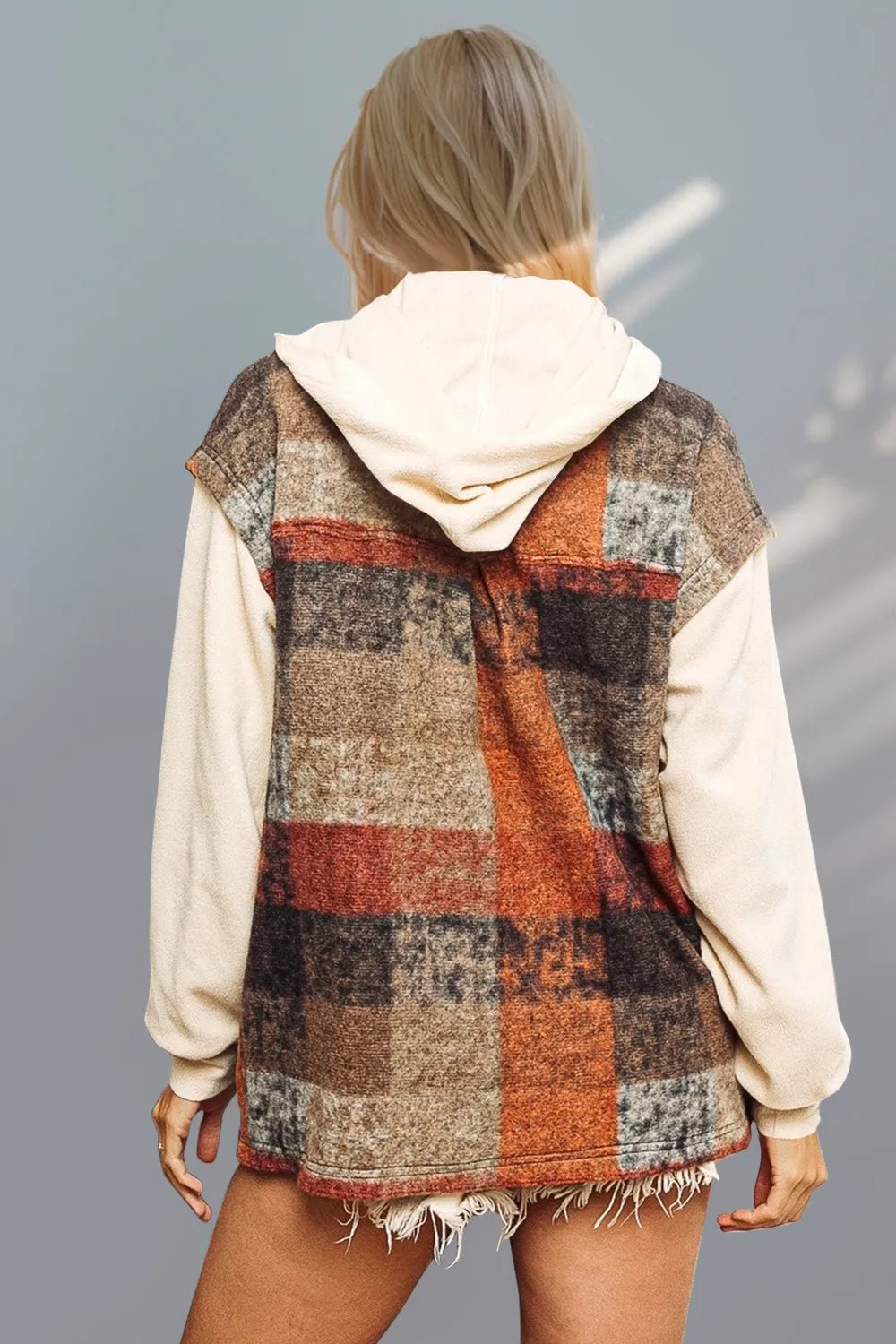 Double Take Contrast Long Sleeve Hooded Plaid Jacket - Lookzlike
