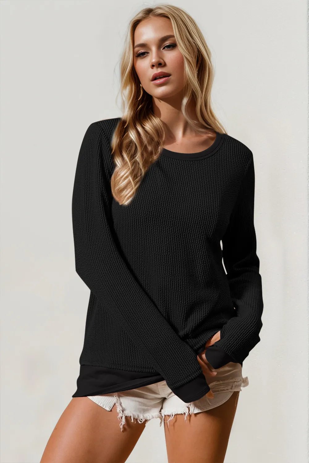 Double Take Corded Rib Thumbhole Cuff Round Neck T-Shirt - Lookzlike