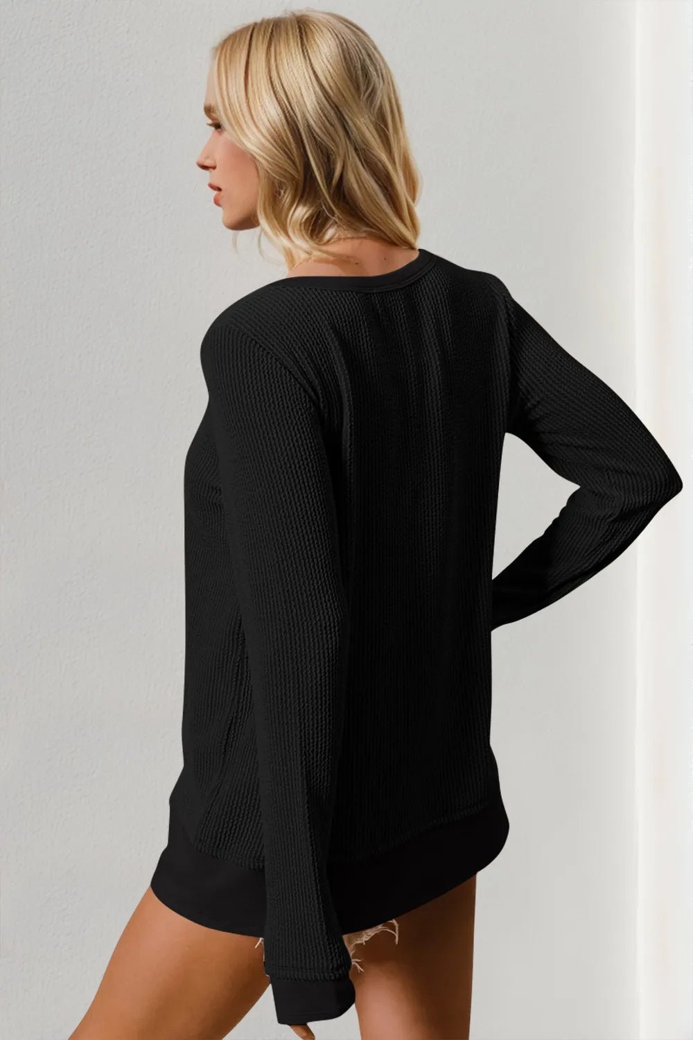 Double Take Corded Rib Thumbhole Cuff Round Neck T-Shirt - Lookzlike