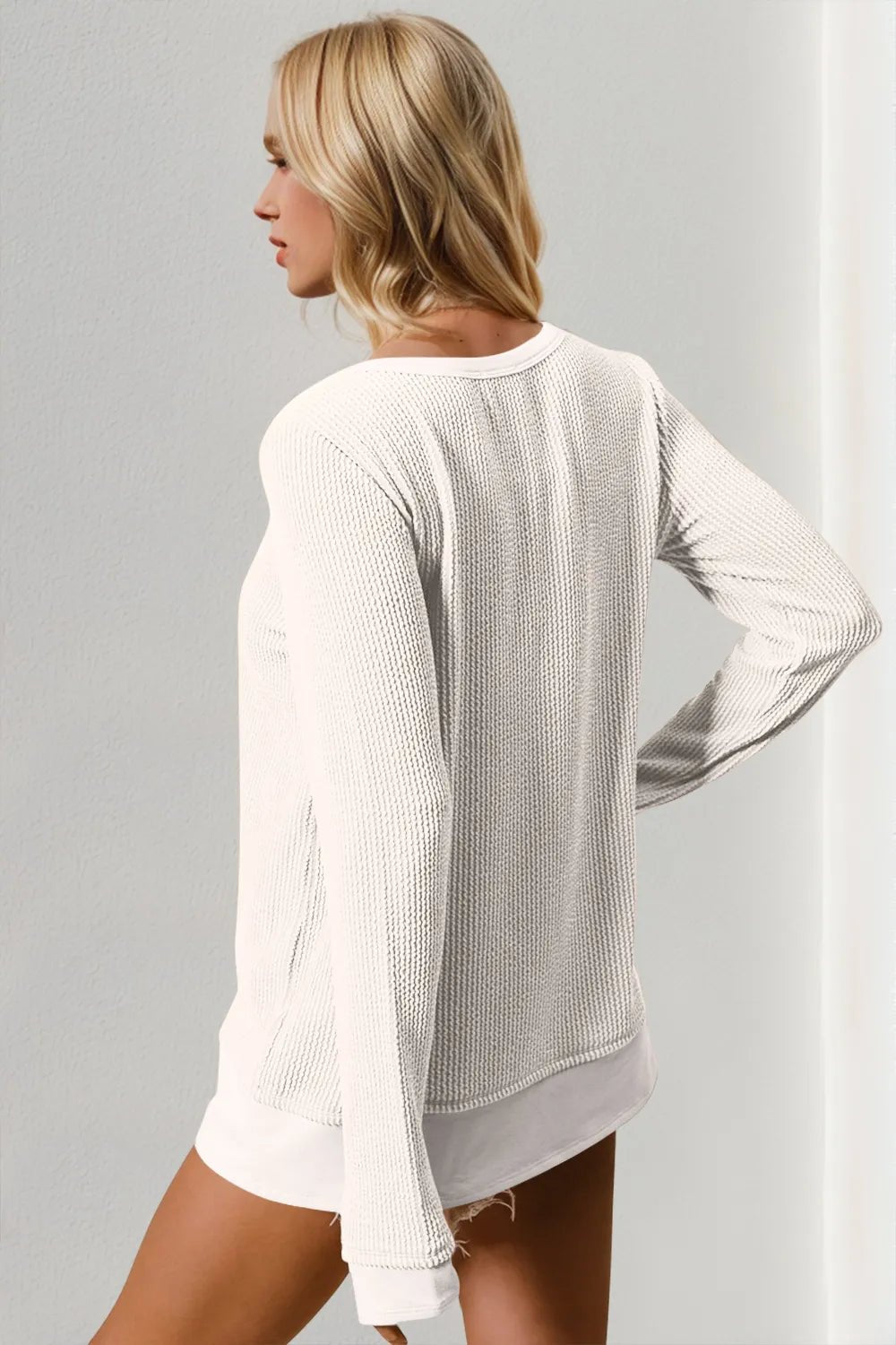 Double Take Corded Rib Thumbhole Cuff Round Neck T-Shirt - Lookzlike