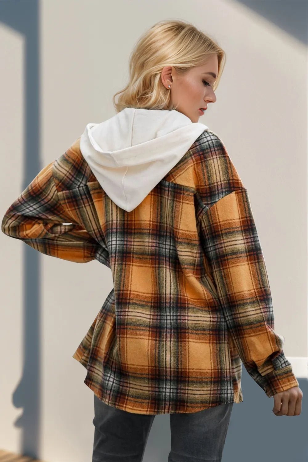 Double Take Drawstring Plaid Long Sleeve Hooded Shacket designed for comfort and style at Lookzlike