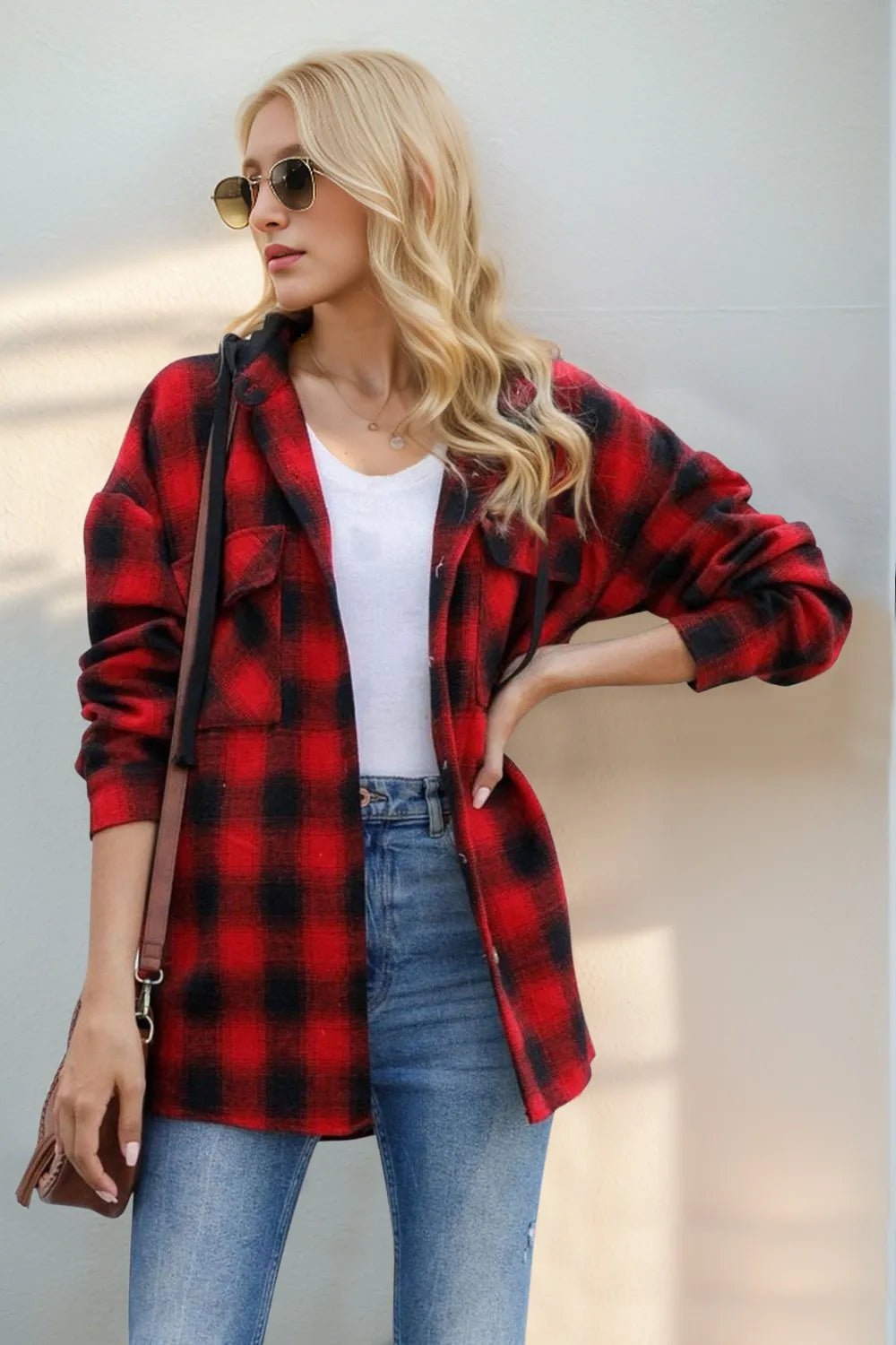 Double Take Drawstring Plaid Long Sleeve Hooded Shacket designed for comfort and style at Lookzlike
