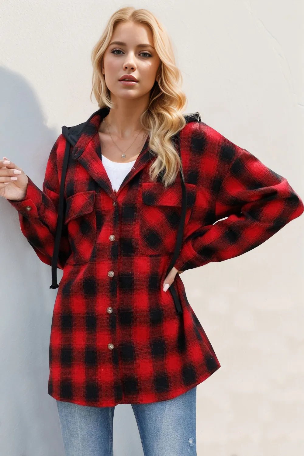 Double Take Drawstring Plaid Long Sleeve Hooded Shacket designed for comfort and style at Lookzlike
