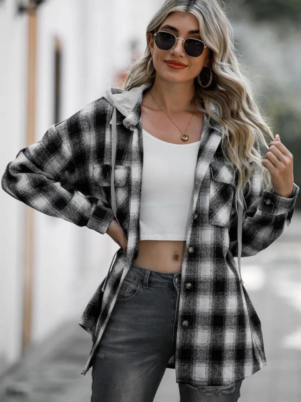 Double Take Drawstring Plaid Long Sleeve Hooded Shacket designed for comfort and style at Lookzlike