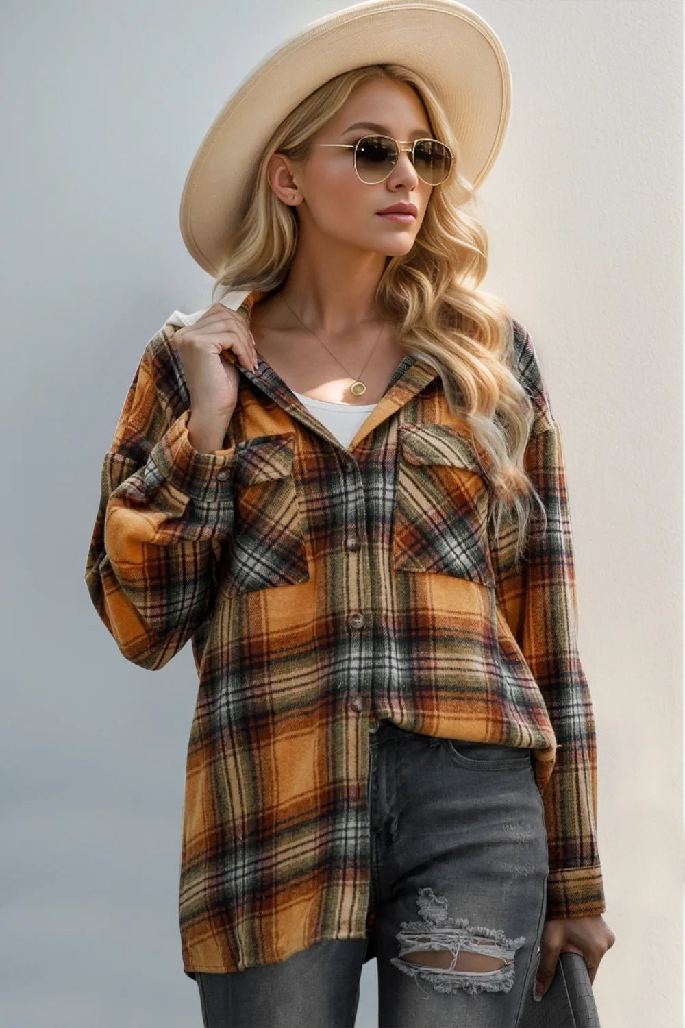 Double Take Drawstring Plaid Long Sleeve Hooded Shacket designed for comfort and style at Lookzlike