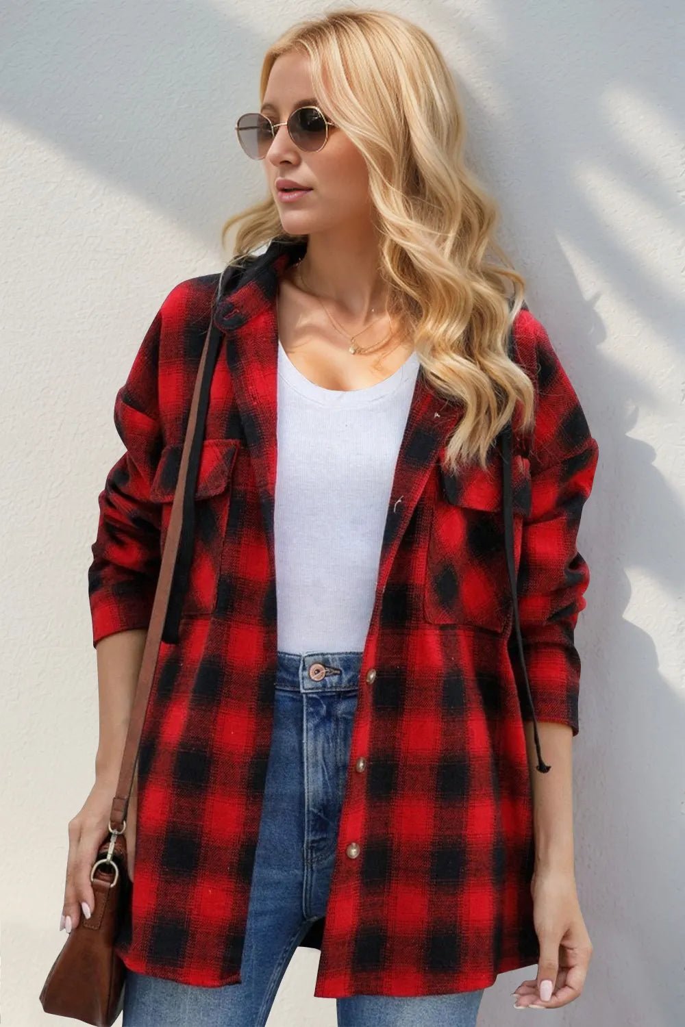 Double Take Drawstring Plaid Long Sleeve Hooded Shacket designed for comfort and style at Lookzlike