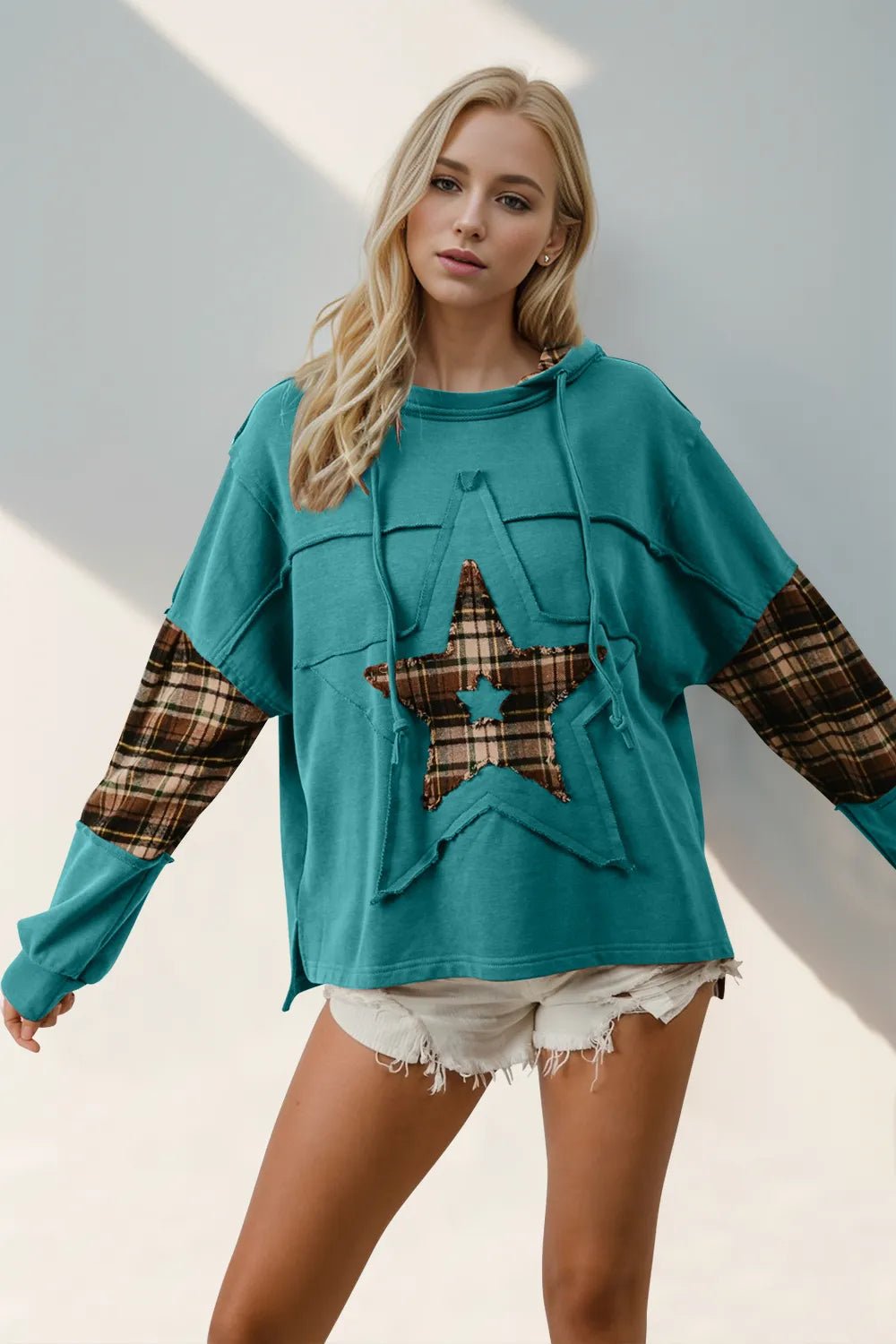 Double Take Drawstring Plaid Star Patch Long Sleeve Hoodie - Lookzlike