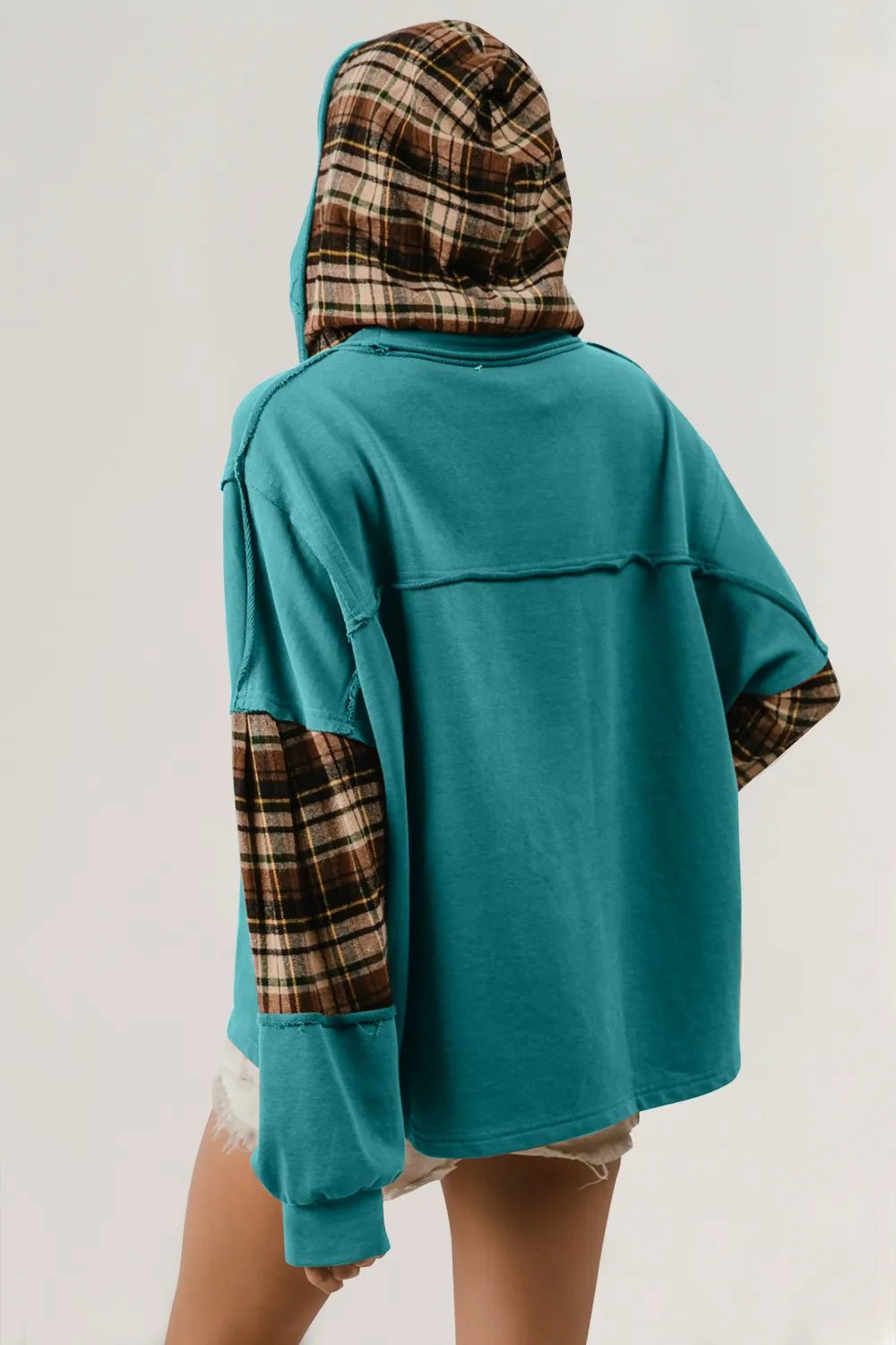 Double Take Drawstring Plaid Star Patch Long Sleeve Hoodie - Lookzlike